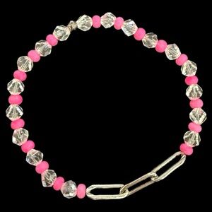 TOVA Malibu Hot Pink & Clear Faceted Beaded Bracelet with Silver Paperclip Links